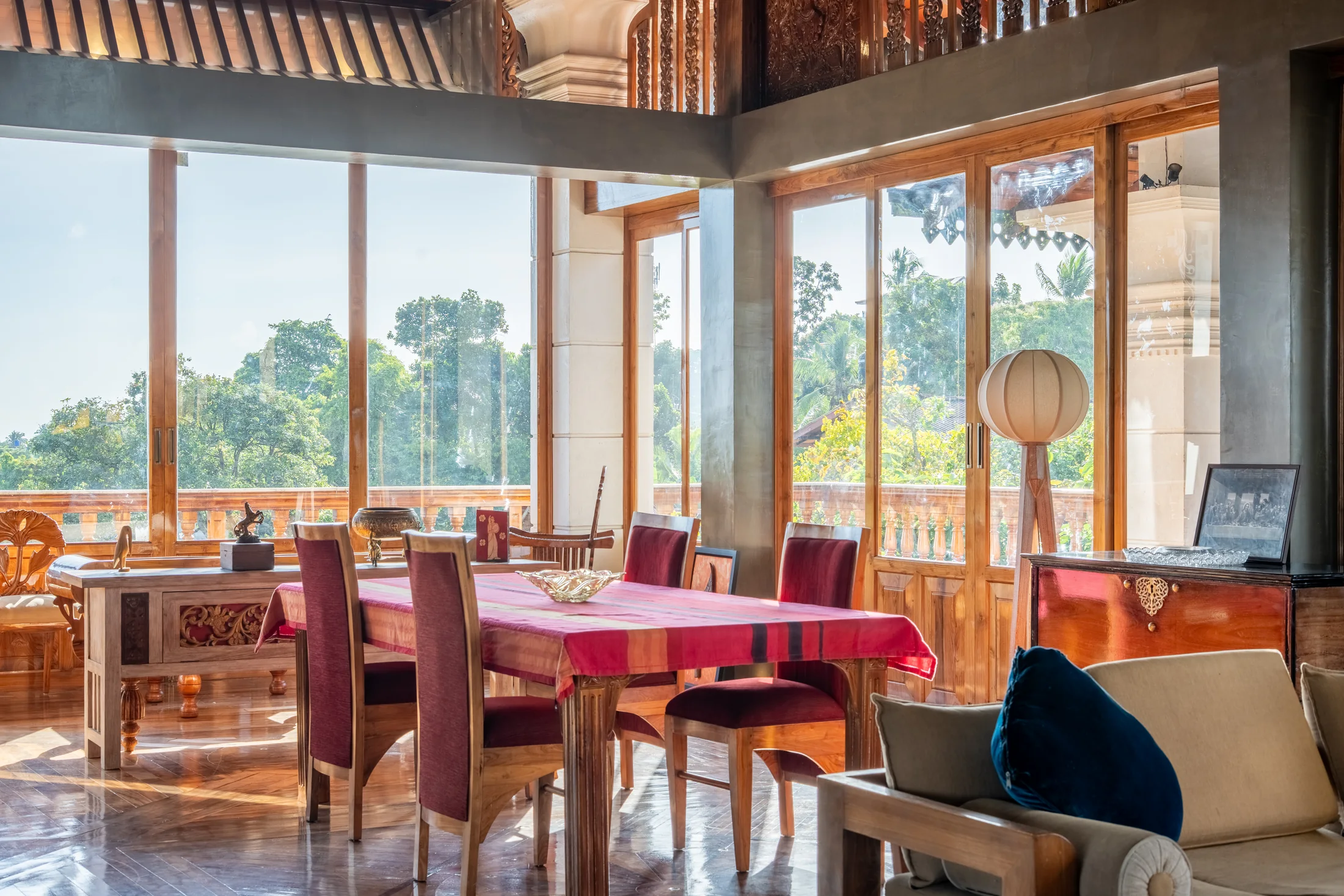 Traditional woodwork and warm lighting inside the residence
