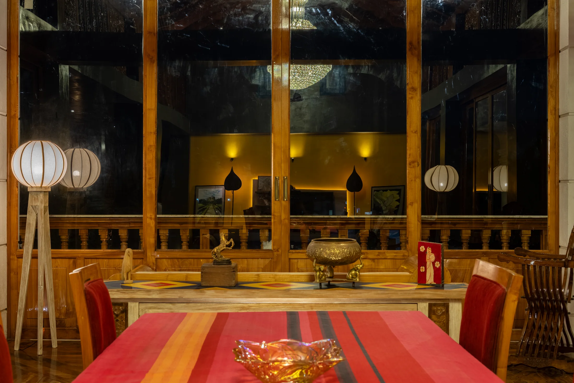 Open living and dining area with handcrafted furnishings